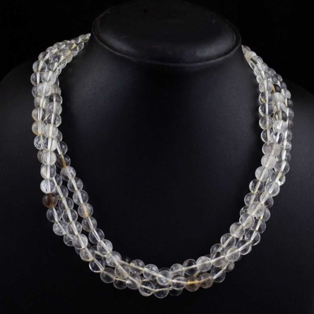 Genuine Triple Strand 705.00 Cts White Quartz Beads Necklace